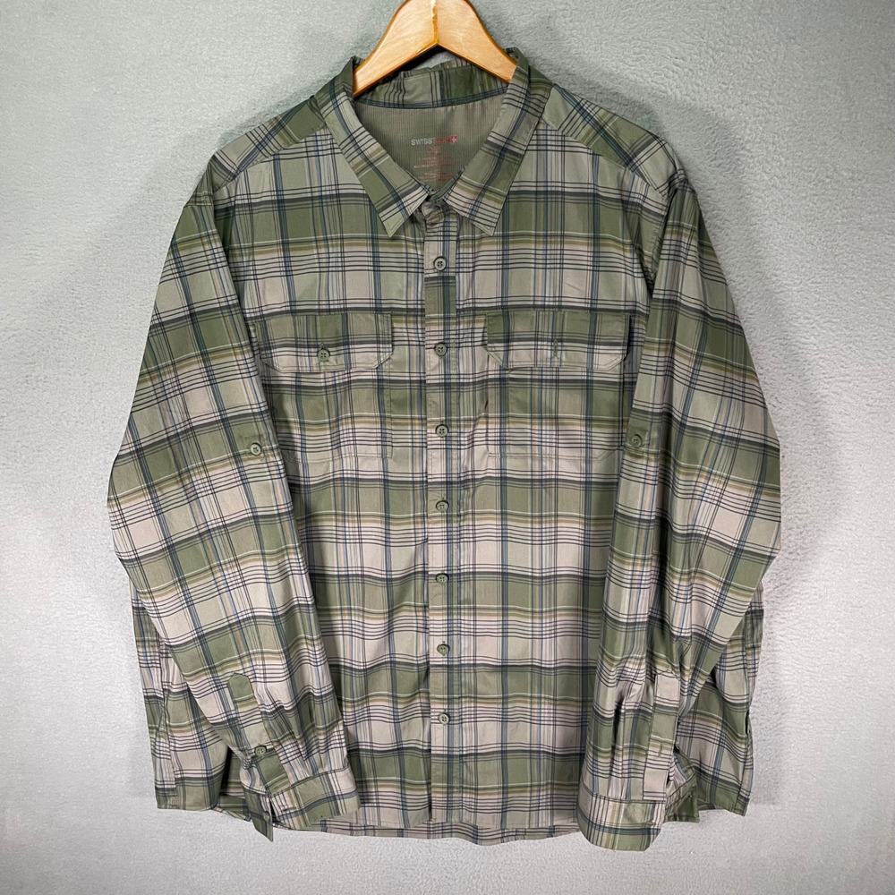 Swiss Tech Mens Shirt 2XL Green Plaid Button Up Roll‎ Tab Sleeve Outdoor Light